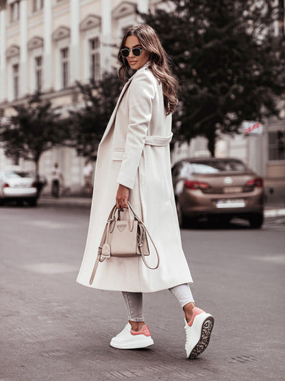 Women’s mid-calf wool blend coat with wrap construction and adjustable fit, ideal for office days, meetings, and cold-weather layering.