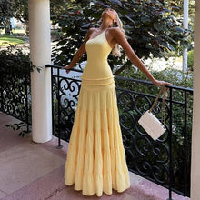Load image into Gallery viewer, tiered maxi dress, backless maxi dress, one shoulder maxi dress,  butter yellow long maxi dress, cocktail party dress, summer party dress, what to wear to a summer cocktail party, sexy backless maxi dress for date night, pinterest-worthy maxi dress for summer events.