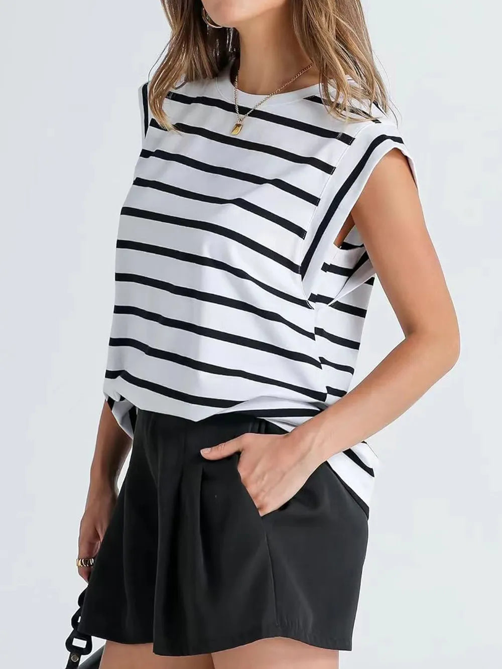relaxed fit striped tee women, European summer tops for women, vacation tops for women, European summer outfit, Relaxed fit striped tank top for women in lightweight breathable fabric with a polished straight silhouette, lightweight travel tops women, Parisian casual outfit women, travel friendly women’s tops.