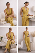 Load image into Gallery viewer, belted trouser set, vest and pants set, two piece pants set, two piece trouser set, tailored coord set, office coord set, vest trouser coord, wide leg coord set, wide leg set transitional weather, affordable vest pants set under $100, two piece pantsuit, sleeveless vest outfit.