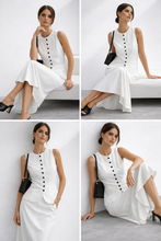Load image into Gallery viewer, white two piece skirt set, structured vest maxi skirt set, high waist maxi coord set, summer office outfit sets, white two piece skirt set, button front vest skirt coord, minimalist white skirt set, vest skirt set, coord set.