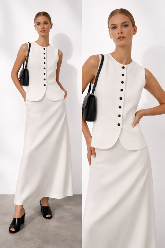 two piece vest and skirt set, Structured sleeveless vest maxi skirt set in white, elegant two piece skirt set and vest skirt set with high waist maxi coord set silhouette, wedding guest coord set and business casual two piece look, minimalist white skirt set, white two piece set, button vest outfit, tailored vest set.