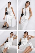 Load image into Gallery viewer, two piece vest set, coord set skirt, two piece skirt set, White two piece skirt set featuring tailored vest flowy skirt set design, high waist maxi coord set proportions, button front vest skirt coord styling, perfect wedding guest coord set and business casual two piece outfit sets women.