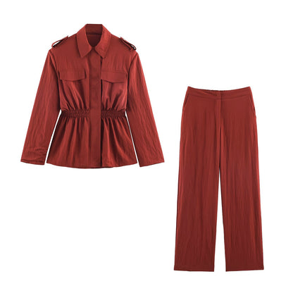 Autumn Cinched Waist Shirt Jacket & Wide Leg Pants Outfit Set