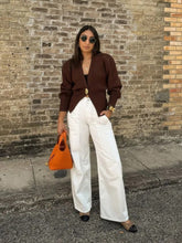 Load image into Gallery viewer, Classic women’s knit cardigan with modern twist statement button front, deep V neckline, cinched waist, and elegant fall tones for timeless, fashion-forward cold-weather outfits.