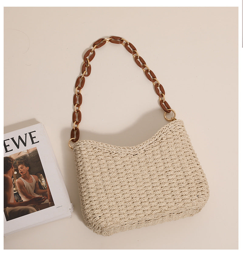 vacation beach bag, woven straw beach bag women, Structured straw shoulder bag with braided raffia texture and resin chain handle, elegant straw weave handbag ideal as a vacation straw bag for travel, beach days, and summer outfits, boho casual straw tote, boho straw bag summer, woven beach bag vacation.