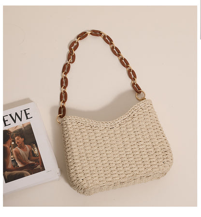 vacation beach bag, woven straw beach bag women, Structured straw shoulder bag with braided raffia texture and resin chain handle, elegant straw weave handbag ideal as a vacation straw bag for travel, beach days, and summer outfits, boho casual straw tote, boho straw bag summer, woven beach bag vacation.