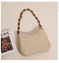Load image into Gallery viewer, vacation beach bag, woven straw beach bag women, Structured straw shoulder bag with braided raffia texture and resin chain handle, elegant straw weave handbag ideal as a vacation straw bag for travel, beach days, and summer outfits, boho casual straw tote, boho straw bag summer, woven beach bag vacation.