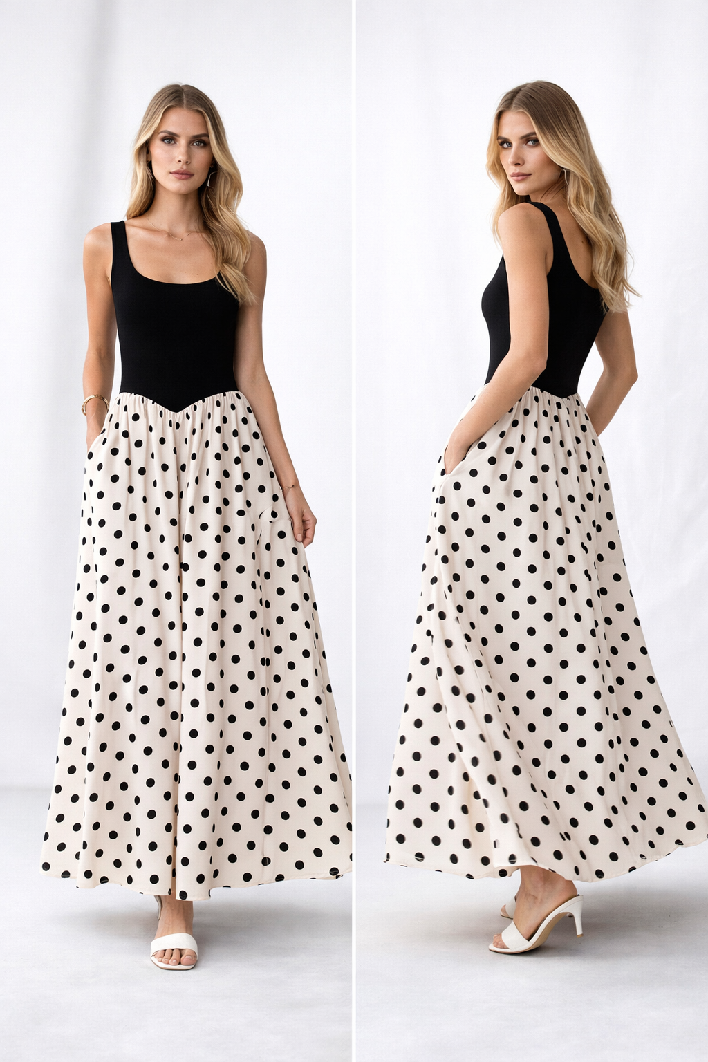 black polka dot dress, contrast maxi dress, retro polka dot maxi dress, square neck maxi dress, fit and flare maxi dress, fitted bodice maxi, wedding guest polka dot dress, vintage polka dot maxi,  cream polka dot skirt dress, party polka dot maxi dress.