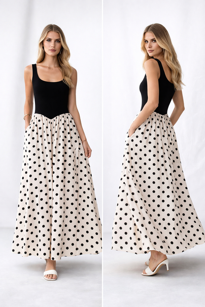 black polka dot dress, contrast maxi dress, retro polka dot maxi dress, square neck maxi dress, fit and flare maxi dress, fitted bodice maxi, wedding guest polka dot dress, vintage polka dot maxi,  cream polka dot skirt dress, party polka dot maxi dress.