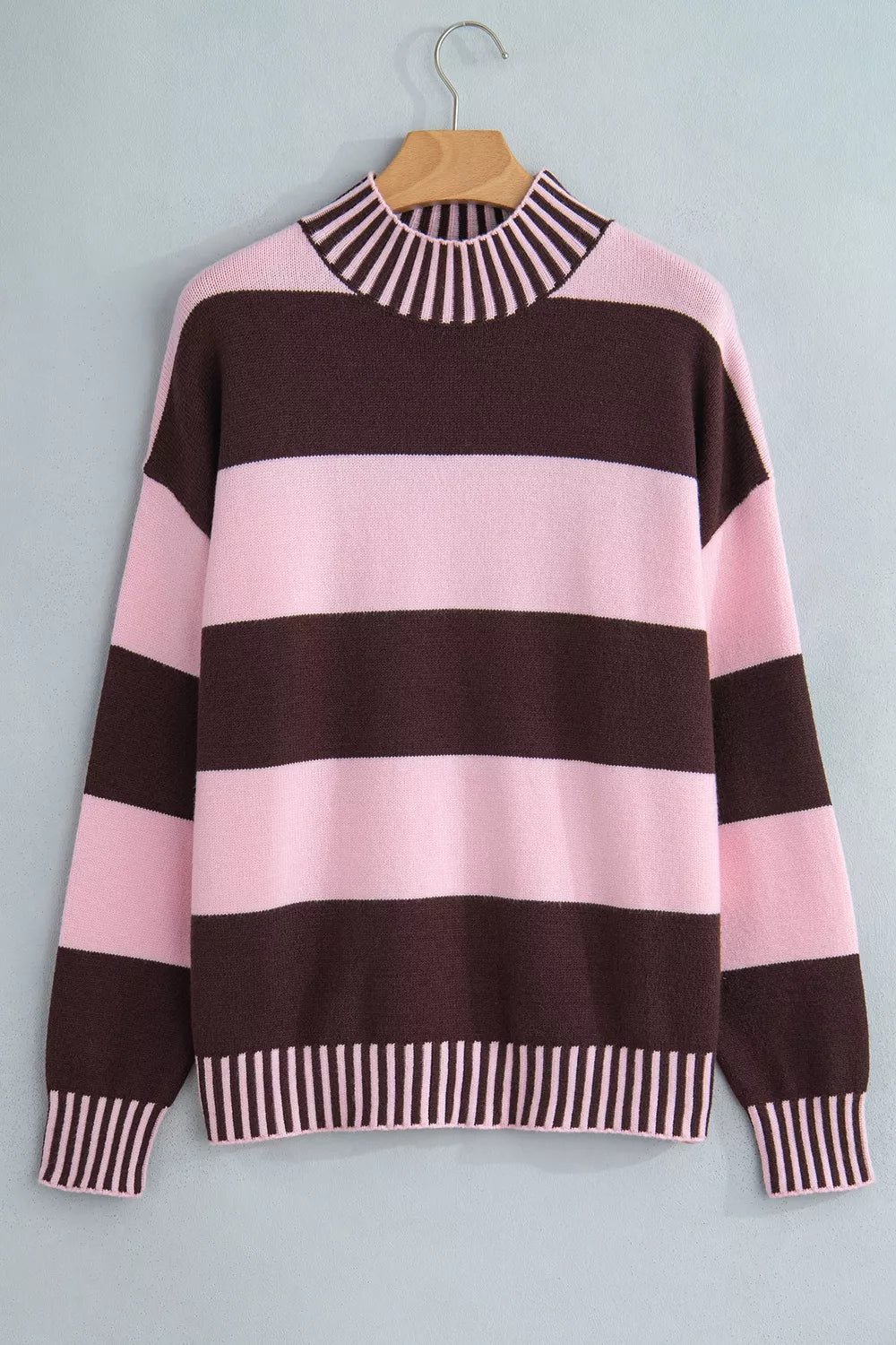 Women’s viscose color block sweater with a relaxed fit, ribbed mock neckline and long sleeves, featuring chocolate brown and blush pink horizontal stripes, a retro inspired striped pullover for fall layering, weekends and casual everyday wear.