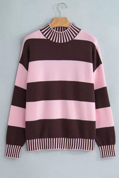 Women’s viscose color block sweater with a relaxed fit, ribbed mock neckline and long sleeves, featuring chocolate brown and blush pink horizontal stripes, a retro inspired striped pullover for fall layering, weekends and casual everyday wear.