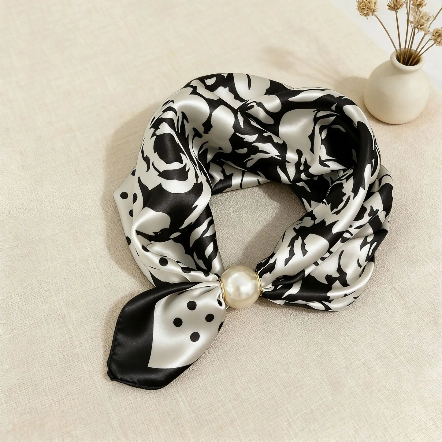 Printed faux silk scarf for women with a magnetic pearl clasp and satin-look finish, designed as a lightweight neck scarf that instantly elevates workwear and smart casual outfits.