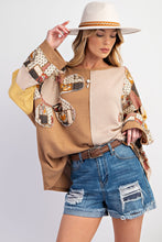 Load image into Gallery viewer, womens crew neck sweatshirt, sweater top, sweatshirt, top, cute sweater, patchwork sweater, womens crew neck jumper, colorblock sweater top, cute sweatshirt, holiday sweaters for women, winter tops, oversized tops for women, colorblock sweater, cute sweaters for women, fall outfits, cute winter outfits, waffle top, patchwork sweatshirt.