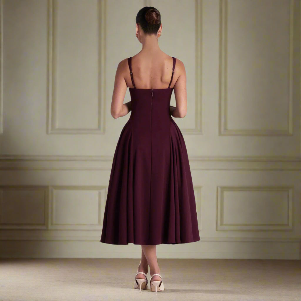 Wine Twirl Corset Fit Midi Dress | Fit and Flare Dress | Corset top Dress | Pleated Midi Dress S / Wine Red