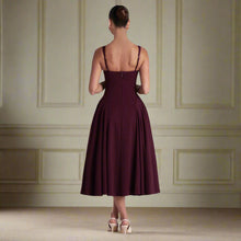 Load image into Gallery viewer, pleated dress, corset top dress, corset gown, waist cinching dress, corset prom dress, low back midi dress, corset midi dress, fit and flare dress, burgundy corset dress, flattering midi dress with fitted top and flared skirt, classy midi dress for formal dinners or receptions, square neckline cocktail dress for special occasions.