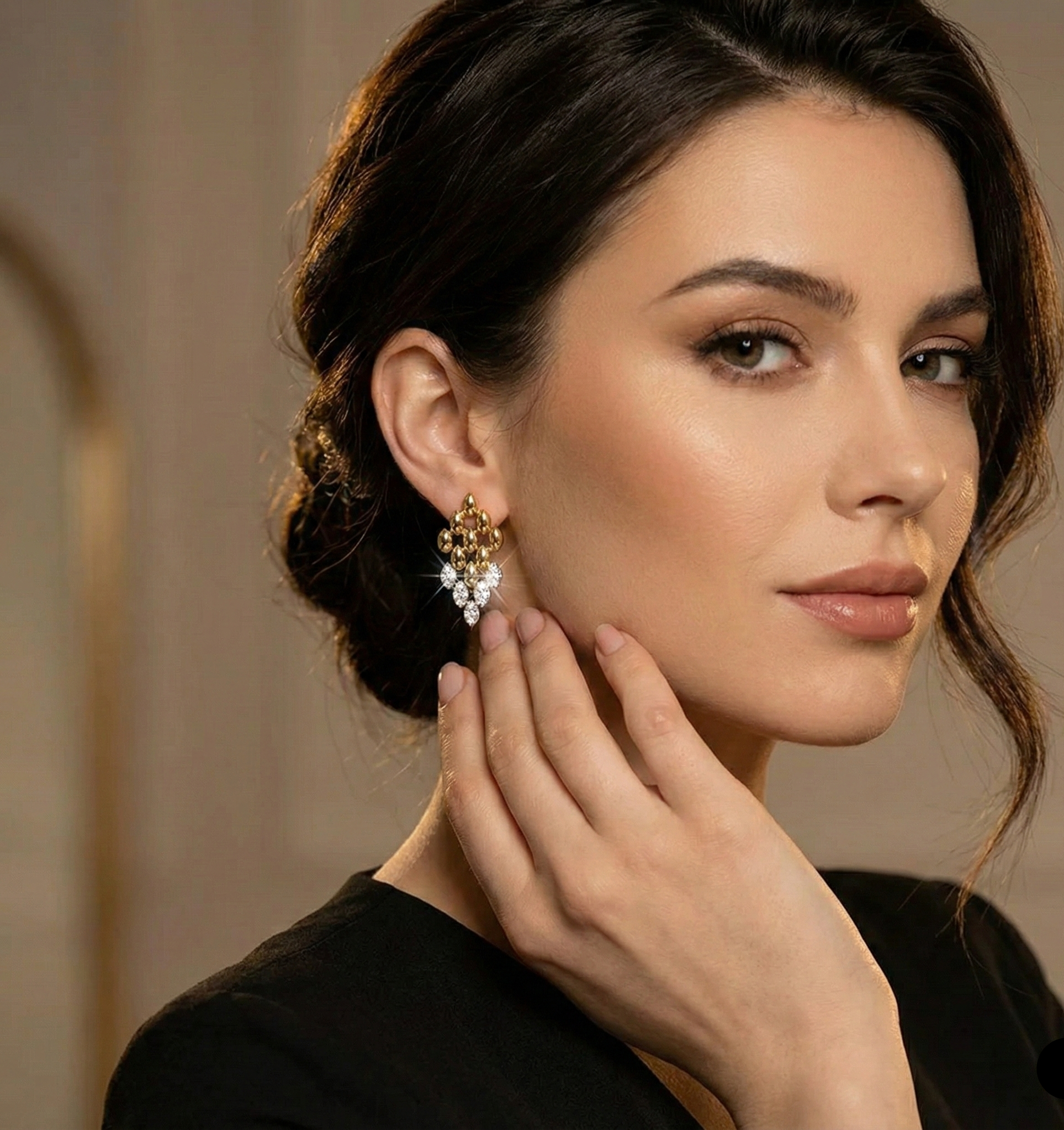 wedding guest earrings, cocktail earrings women, Fashion-forward gold dangle earrings featuring a rhombus-shaped geometric drop and crystal stones. Bold yet elegant statement earrings for women suitable for work, weddings, cocktails, and parties, party earrings women.