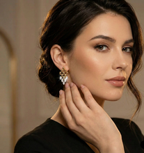Load image into Gallery viewer, wedding guest earrings, cocktail earrings women, Fashion-forward gold dangle earrings featuring a rhombus-shaped geometric drop and crystal stones. Bold yet elegant statement earrings for women suitable for work, weddings, cocktails, and parties, party earrings women.