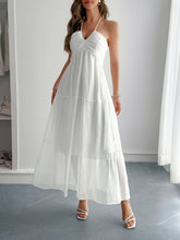 Load image into Gallery viewer, ruffled tier detail on a white color boho halter maxi dress in lightweight cotton – summer vacation style.