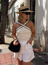 Load image into Gallery viewer, white contrast trim top, Ribbed viscose knit tank top in black with wide straps and modern criss-cross neckline, quiet luxury outfit base, tank top for women, tops for layering.