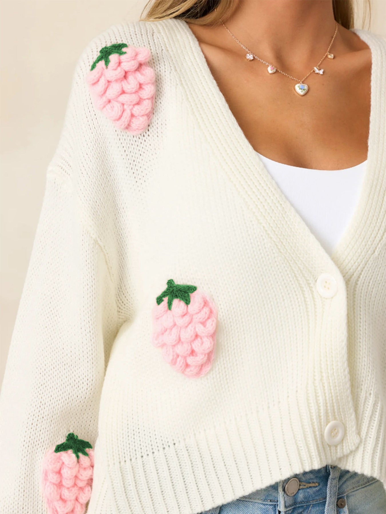 white cropped cardigan, cozy fall sweater, Textured knit cardigan with 3D strawberry detailing, button-down design and ribbed cuffs, cozy fall sweater top for women’s cute outfit aesthetic and everyday layering.