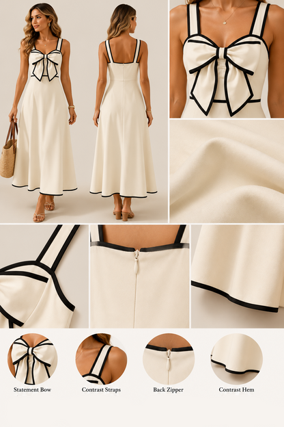 Feminine fit and flare dress with contrast trim accents and a polished silhouette, perfect for women seeking a garden party dress with coastal granddaughter aesthetic energy.