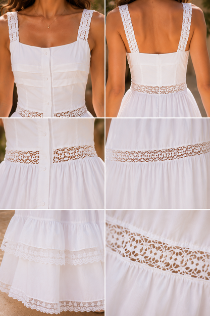 White lace maxi dress with a flowing tiered silhouette, scalloped lace hem, hidden front slit, and lace shoulder straps, styled as a romantic dress for destination weddings, vacations, and luxury garden parties.