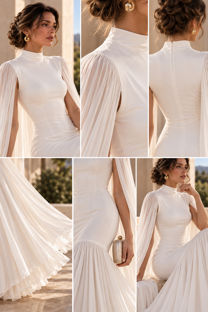 Women’s white cape sleeve evening gown, white formal maxi dress with long cape sleeves, sculpted bodice, high neckline and flowing pleated skirt, offering a polished evening gown option for receptions, galas and special occasions.