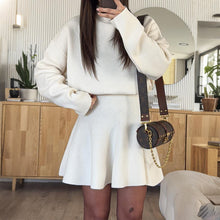 Load image into Gallery viewer, casual sweater dress women in coffee brown, winter sweater dress, Mock neck long sleeve knit sweater dress women, textured ribbed fit and flare silhouette, old money quiet luxury fashion perfect for brunch or business casual winter outfit.