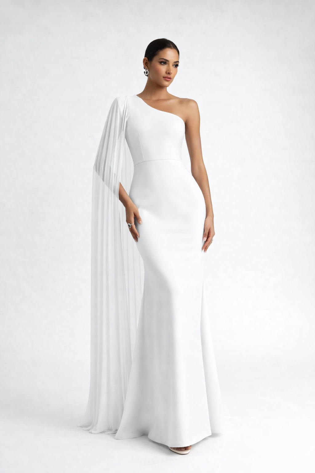 Asymmetrical One Shoulder Pleated Cape Sleeve Evening Gown | Prom & Wedding Guest Evening Party Dress L / Light Blue Asymmetrical One Shoulder Pleated Cape Sleeve Evening Gown | Prom & Wedding Guest Evening Party Dress L / Light Blue