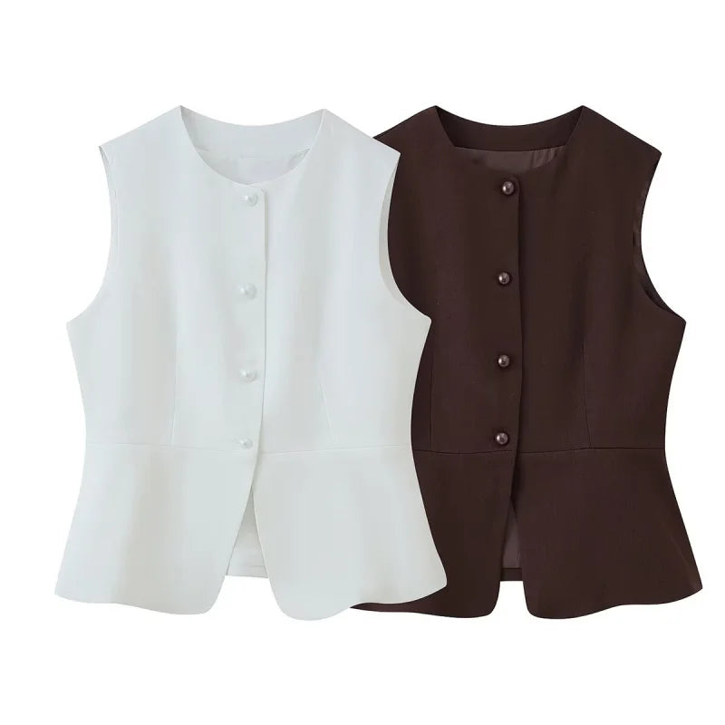 peplum vest top, sleeveless blazer vest women, structured vest women, chic vest outfit women, tailored peplum vest women outfit, fitted vest top women workwear, brown vest outfit women aesthetic, structured vest for work outfits.