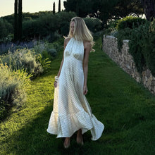 Load image into Gallery viewer, city chic midi dress women in white  with polka dots, bias cut fit and high neck finish, worn as office polka dot midi dress women or midi polka dot dress for wedding guest events