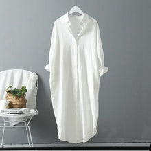 Load image into Gallery viewer, shirt dress midi, oversized casual dress, shirt dress for women, button down shirt dress, beach cover up dress, business casual shirt dress, linen dress casual, Oversized cotton-linen blend shirt dress for beach cover-ups, casual office wear, and classy fall outings.