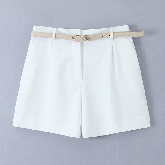 white tailored shorts, shorts with belt, belted shorts, office shorts, ladies tailored shorts, High-waisted wide-leg belted shorts for women, tailored high-waist pleated design, high-waist belted shorts, chic neutral outfit for summer travel, office wear, and effortless brunch styling.