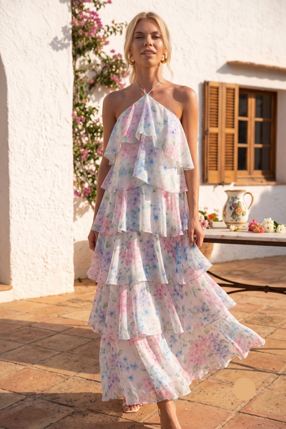 tiered A-line floral maxi dress, watercolor dresses, boho maxi dresses, date night floral dresses, Floral maxi dress with cascading movement and halter neckline, lightweight floral maxi designed for garden wedding dress occasions, Easter celebration dress styling, and daytime events.