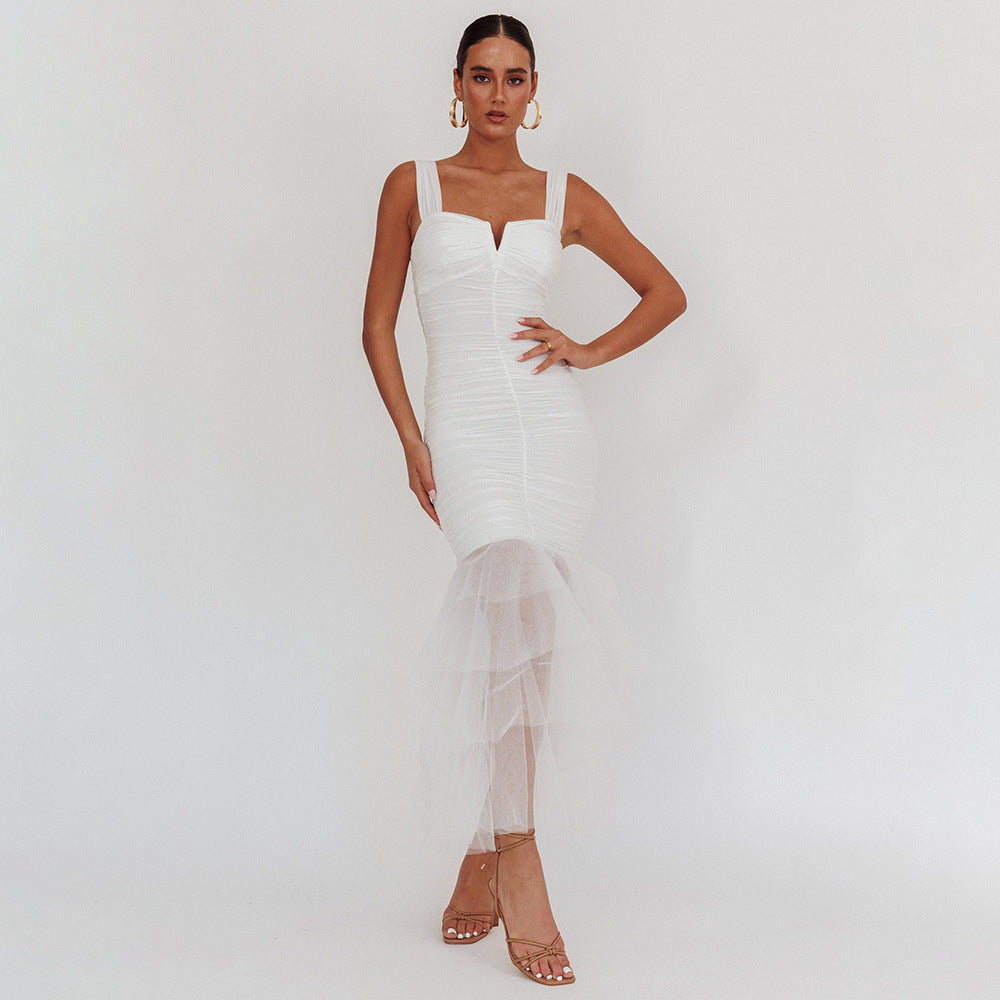tiered ruffle sheath bodycon dress for evening, white mesh bodycon dress with square neckline, white bodycon dress, tiered ruffle dress, tulle wedding guest dress.