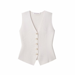 blue buttoned vest women, White Vest for women with luxe gold buttons, chic minimalist outfit idea for workwear, brunch styling, or what to wear on vacation, Minimalist white vest for women, tailored V-neck buttoned vest perfect as office chic outfit or casual brunch look with wide-leg trousers.