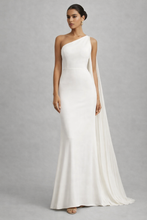 Load image into Gallery viewer, one shoulder bodycon fit maxi gown dress with pleaeted drape cape sleeves for evening parties, prom dress, wedding guest evening gown, gala one shoulder dress, formal cape sleeve gown, prom evening gown.