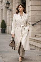 Load image into Gallery viewer, Women’s wool blend wrap coat in white with tie waist and mid-calf length, featuring a clean lapel design and tailored silhouette, ideal for workwear and business casual outfits.
