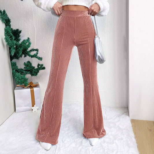 Women’s high-rise flared corduroy pants, slim-fit wide-leg trousers for work wear, brunch outfit, Pinterest-core retro look, vintage-inspired statement flare pants for versatile styling, wide-leg corduroy trousers.