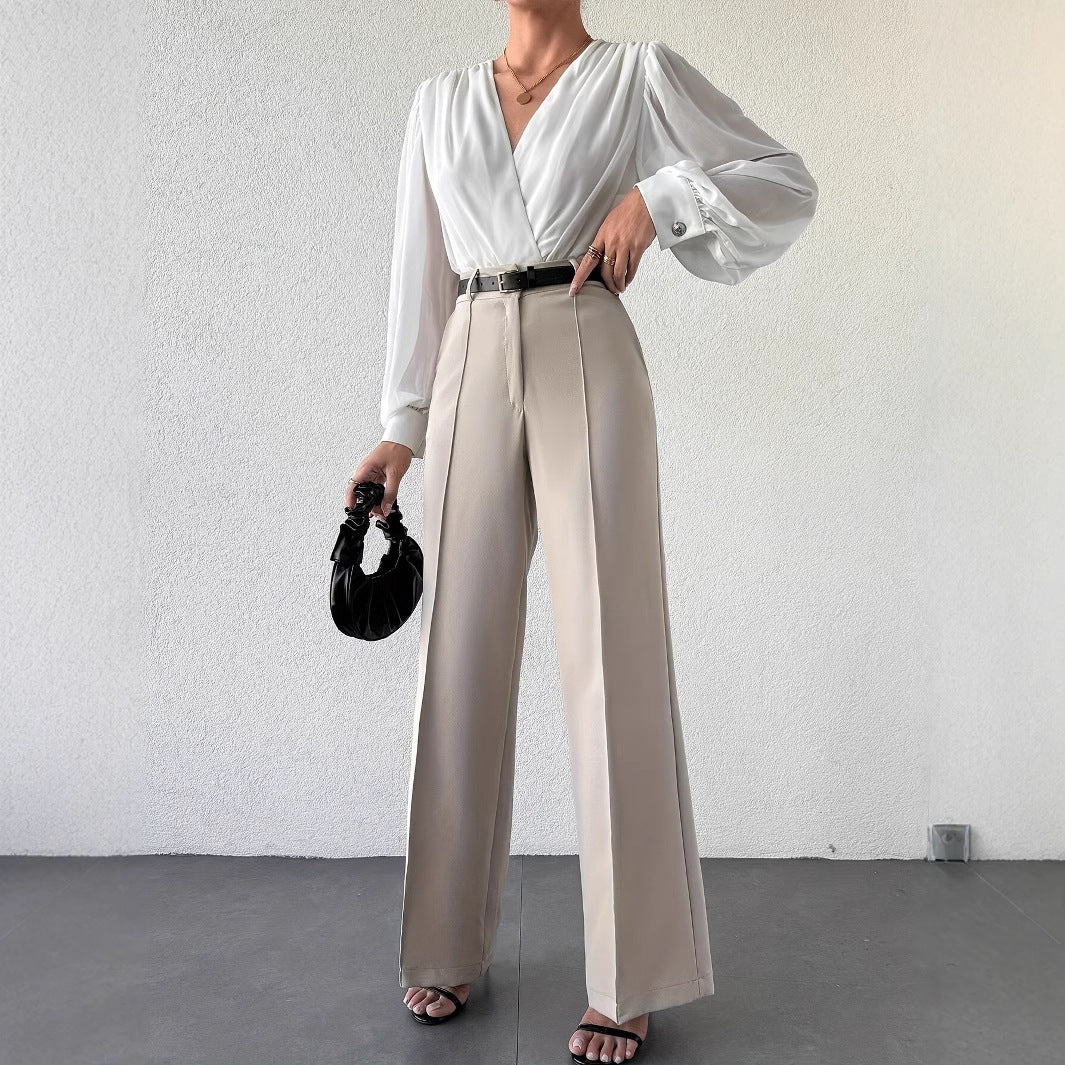 Column wide-leg trousers high waist tailored office pants for women, French minimalist neutral beige work trousers, business casual look.