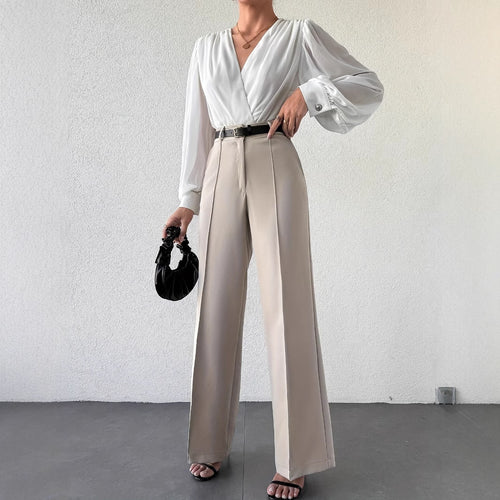 Column wide-leg trousers high waist tailored office pants for women, French minimalist neutral beige work trousers, business casual look.