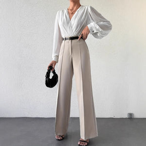 Column wide-leg trousers high waist tailored office pants for women, French minimalist neutral beige work trousers, business casual look.