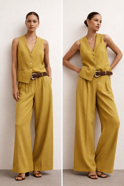 sleeveless vest set, wide leg coord set, Mustard vest pants set women, wide leg coord set with sleeveless vest women design, business casual vest set for office, high waist wide leg pants, tailored coord set with gold buckle belt detail, mustard coord set, office coord set, belted trouser set