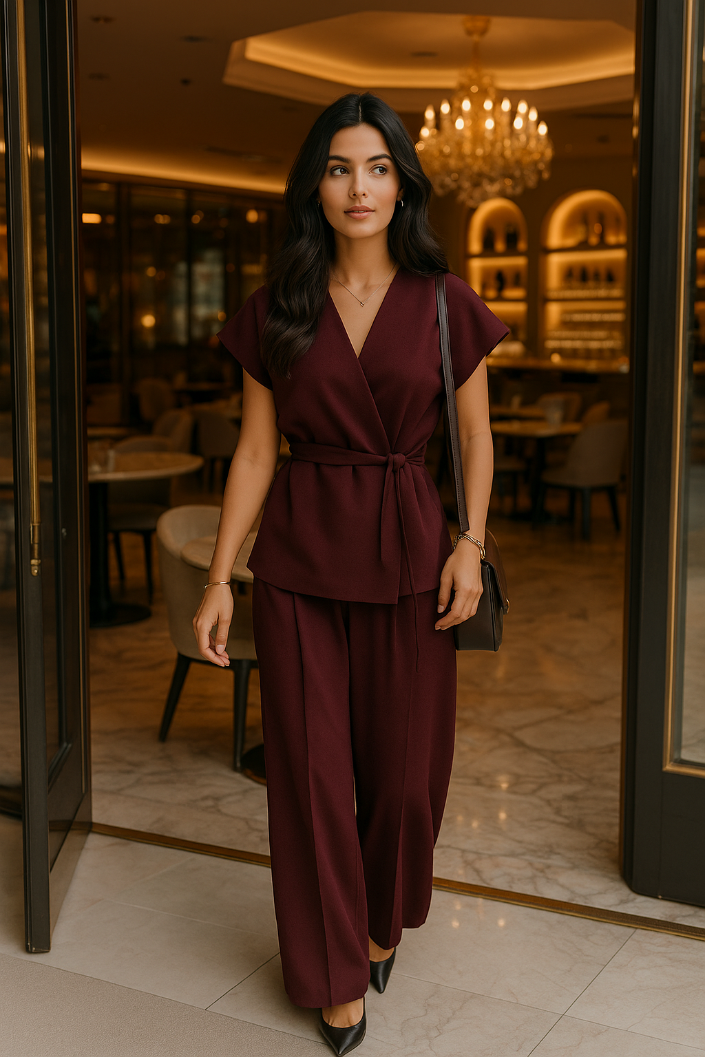 belted co-ord set women, Office pants set women trend in mocha brown, belted co-ord top with wide leg pants, versatile quiet luxury suit set women option for workwear pant set styling and elegant wedding guest look, wide leg pant set women, best summer co-ord sets women.