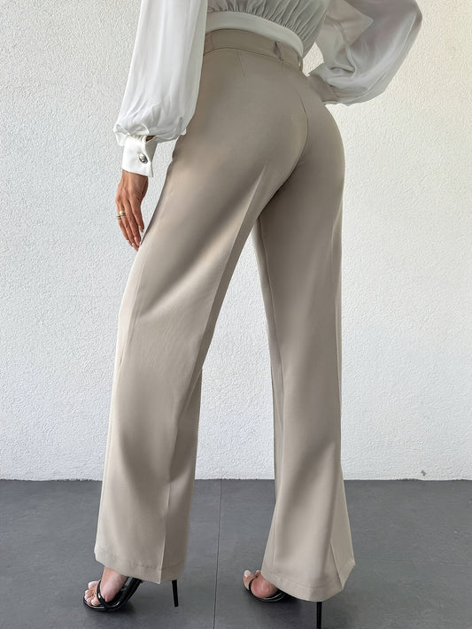 High waist column pants wide-leg tailored trousers for women, chic office outfit, French minimalist travel essential, neutral beige workwear.
