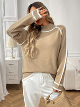 Load image into Gallery viewer, winter layering knit sweater, Beige turtleneck sweater women love for winter layering and workwear chic, featuring piping detail and soft-touch knit texture, ideal minimalist quiet luxury fall outfit essential, classy fall outfit knit sweater, business casual knit sweater women.