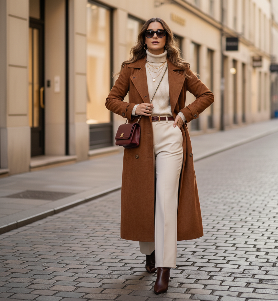 winter trench coat women, belted trench coat women, long line faux suede trench coat for women in warm camel brown with belt and gold button detail, a soft suede texture perfect for fall layering, travel outfits, and old money winter style, brown suede coat women.