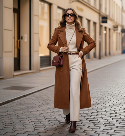 winter trench coat women, belted trench coat women, long line faux suede trench coat for women in warm camel brown with belt and gold button detail, a soft suede texture perfect for fall layering, travel outfits, and old money winter style, brown suede coat women.