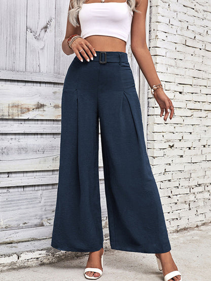 navy blue wide leg pants for women belted high waisted trousers in blue, versatile workwear wide leg pants outfit, flowy travel trousers, chic office-ready belted wide leg pants style.